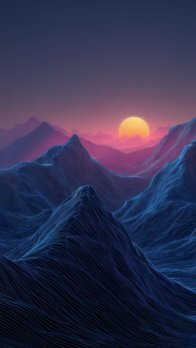 A breathtaking 4K wallpaper depicting an abstract digital landscape of layered mountains at sunset. Horizontal blue lines form the contours of the peaks, illuminated by the warm, vibrant glow of the setting sun against a deep purple sky.