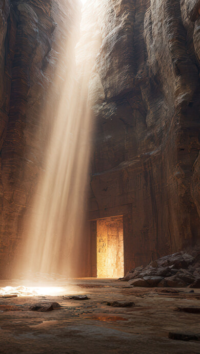 A stunning 4K wallpaper featuring a powerful beam of light descending into a deep, narrow rocky canyon with a carved doorway in the distance. This dramatic illumination contrasts sharply with the dark canyon walls, revealing intricate rock textures and evoking a sense of mystery and awe.