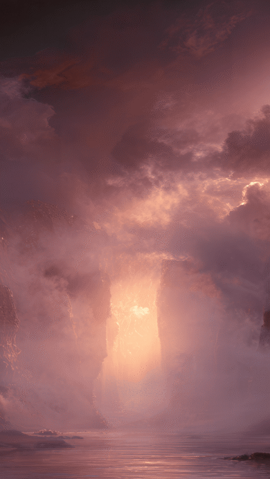 An epic 4K wallpaper scene of a dramatic rocky landscape with towering cliffs flanking a misty body of water. An intense, otherworldly glow emanates from a passage between the cliffs, illuminating the thick fog and casting dramatic pink and purple light across the water and sky.
