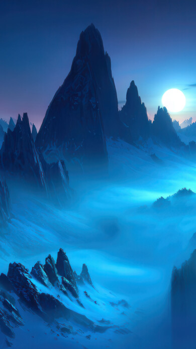 A breathtaking 4K wallpaper features jagged blue mountain peaks rising through an ethereal mist under a luminous full moon. The radiant moonlight pierces through the swirling, phosphorescent blue fog, creating an otherworldly glow that accentuates the dramatic, sculpted textures of the icy landscape.