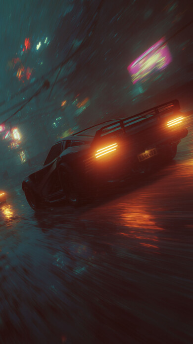A stunning 4K wallpaper featuring futuristic cars driving at speed through a wet, dark cyberpunk city street at night. The glowing neon lights and vibrant taillights intensely reflect on the dark, wet road surface, enhancing the dynamic speed and atmosphere.