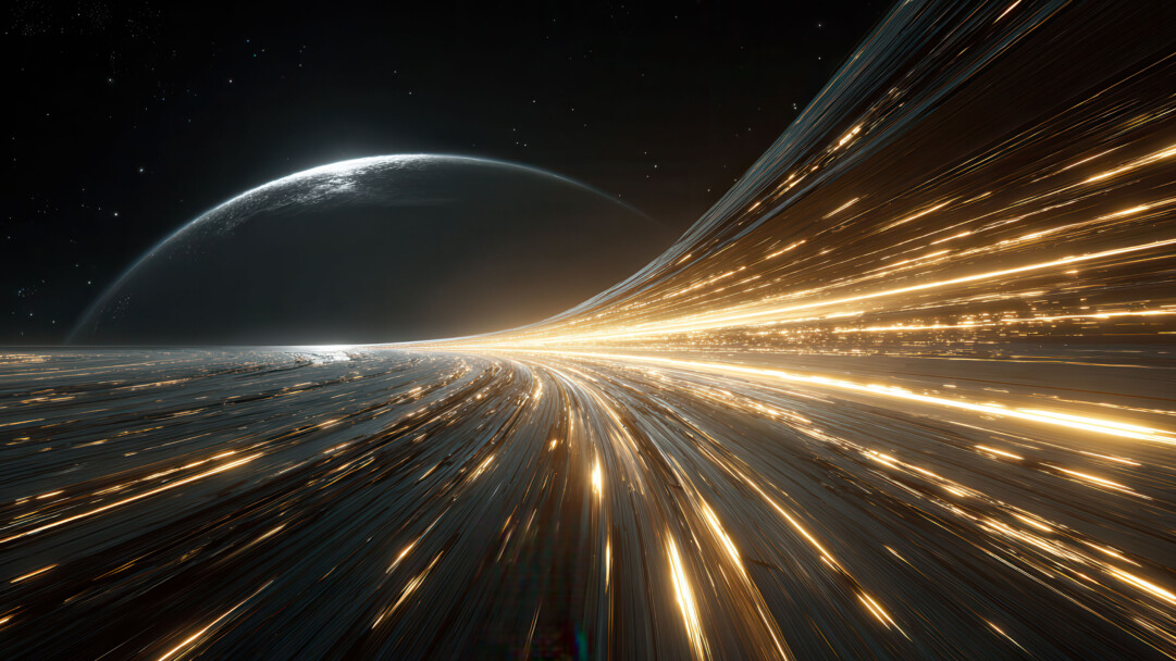 A captivating 4K wallpaper features a luminous, partially illuminated celestial body against a star-speckled dark cosmos, with a dynamic, curved river of brilliant golden light flowing past it and stretching into the distance. The vibrant golden streaks, resembling a cosmic data stream or warp tunnel, intensely contrast with the deep blue-black void, evoking a mood of awe and futuristic speed.