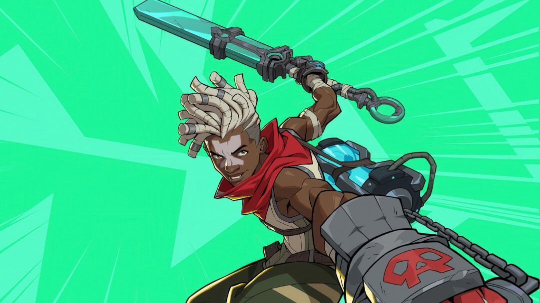 A dynamic 4K wallpaper featuring Ekko, a dark-skinned character with light dreadlocks, mid-lunge with his glowing blue weapon and a powerful gauntlet against a vibrant teal background. The intense blue glow of his weapon and his confident, determined expression, amplified by the energetic background lines, define the image's action-ready mood.