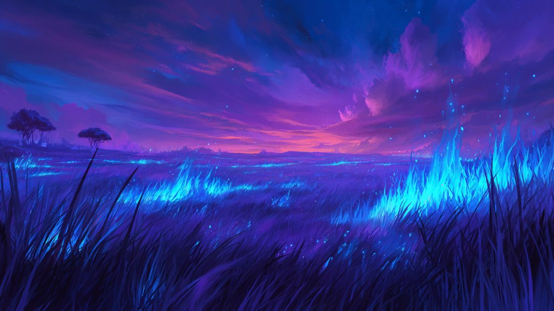 A mesmerizing 4K wallpaper showcasing a vast field of dark purple grass under an expansive twilight sky with hues of blue, purple, and pink. Vivid electric blue flames dance across the foreground and midground, their intense glow creating a striking contrast with the shadowy landscape and infusing the scene with an ethereal, magical ambiance.