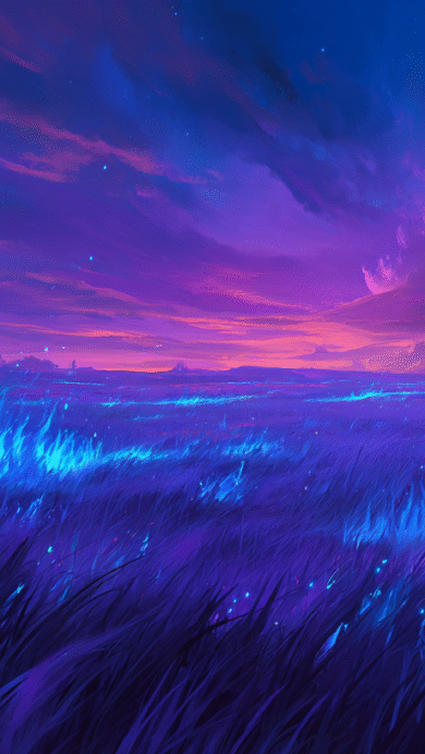 A mesmerizing 4K wallpaper showcasing a vast field of dark purple grass under an expansive twilight sky with hues of blue, purple, and pink. Vivid electric blue flames dance across the foreground and midground, their intense glow creating a striking contrast with the shadowy landscape and infusing the scene with an ethereal, magical ambiance.