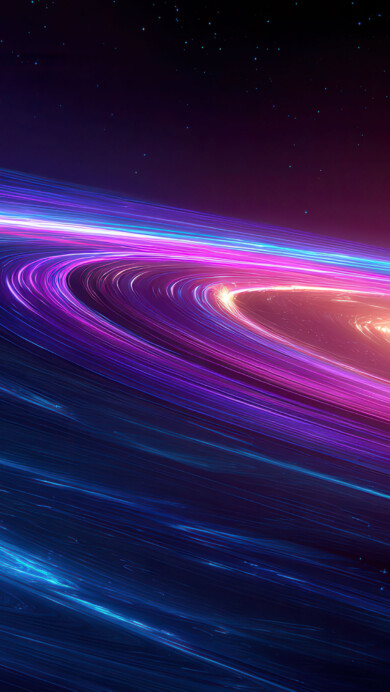 A cosmic 4K wallpaper of an electrifying vortex of vibrant light trails cascading through a star-filled cosmos, with a shadowed planetary orb partially visible on the right. The brilliant interplay of cool blues, vivid purples, and hot fuchsia and orange hues creates a dynamic sense of motion, illuminating the dark expanse with an otherworldly glow.