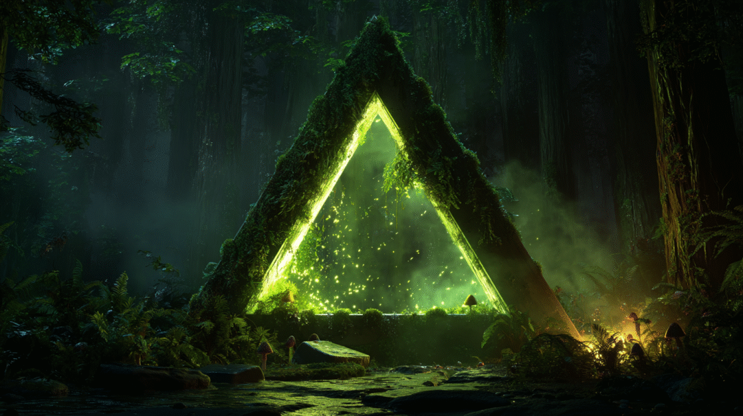 A magical 4K wallpaper showcases a vibrant, moss-covered glowing green triangular gateway nestled within a dark, misty ancient forest. The intense neon green light emanating from the gateway illuminates surrounding mist and glowing fungi, creating an otherworldly, enchanting atmosphere.