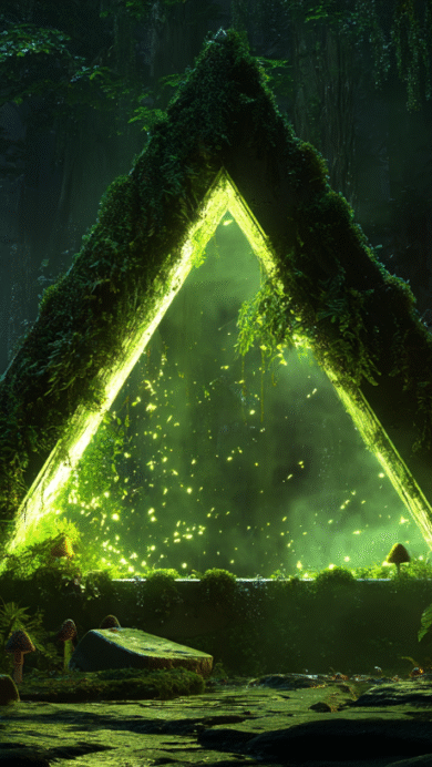 A magical 4K wallpaper showcases a vibrant, moss-covered glowing green triangular gateway nestled within a dark, misty ancient forest. The intense neon green light emanating from the gateway illuminates surrounding mist and glowing fungi, creating an otherworldly, enchanting atmosphere.