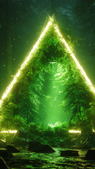 A mystical 4K wallpaper showcasing a large, glowing neon green triangular gateway positioned centrally within a dark, enchanted forest. The intense emerald light radiates from the luminous triangle, vividly illuminating the surrounding dense foliage and a reflective stream, creating an otherworldly and vibrant mood.