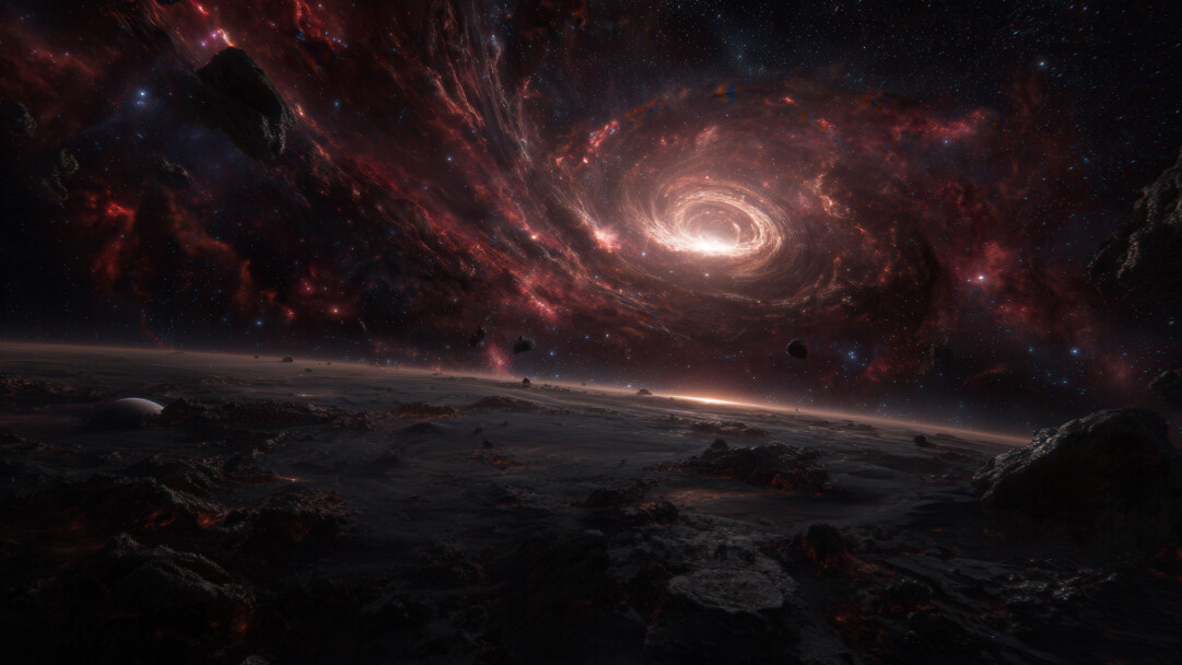 A magical 4K wallpaper reveals a magnificent crimson galaxy vortex with a searing bright core, observed from the rugged, dark surface of an alien planet. The deep reds and oranges of the swirling cosmic energy brilliantly illuminate the shadowed, asteroid-strewn void, creating an awe-inspiring and profound sense of otherworldly grandeur.