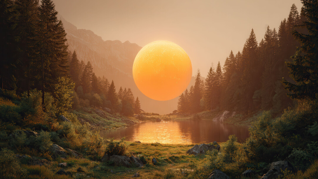 An enchanting 4K wallpaper capturing a colossal, luminous orange sphere suspended above a serene mountain lake, nestled amidst lush pine forests and shadowed peaks. The sphere's intense, warm glow radiates across the tranquil water, illuminating the surrounding foliage with a vibrant golden hue that imbues the scene with a magical atmosphere.