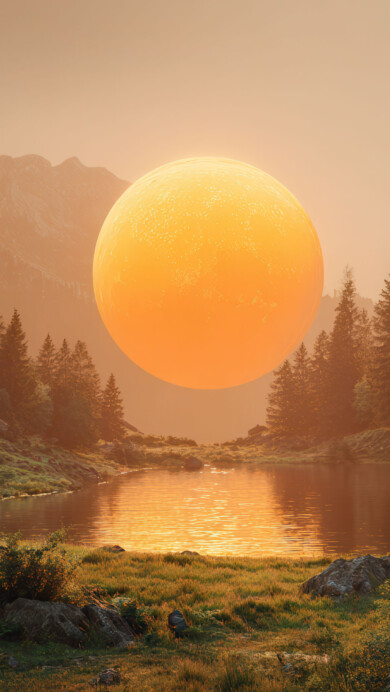 An enchanting 4K wallpaper capturing a colossal, luminous orange sphere suspended above a serene mountain lake, nestled amidst lush pine forests and shadowed peaks. The sphere's intense, warm glow radiates across the tranquil water, illuminating the surrounding foliage with a vibrant golden hue that imbues the scene with a magical atmosphere.