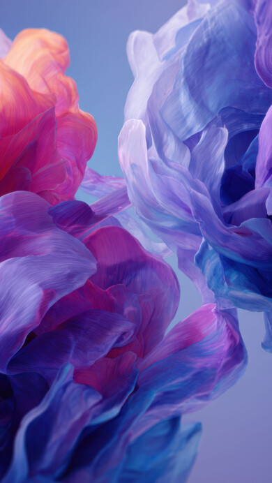 A vibrant 4K wallpaper showcasing two large, abstract masses of flowing fabric swirls, suspended against a soft gradient background shifting from light blue to deep lavender. The delicate, translucent layers of pink, purple, and blue fabric glow with an ethereal light, creating a serene and captivating dreamlike effect.