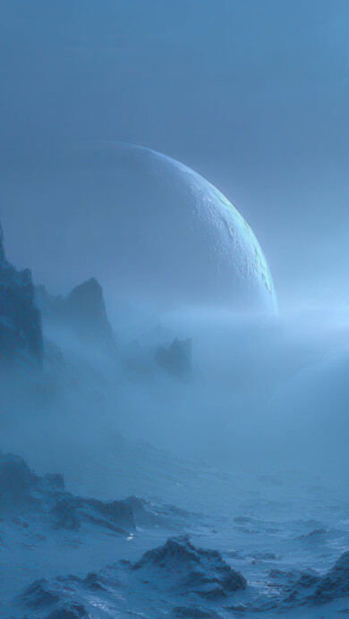 A mesmerizing 4K wallpaper depicting a desolate alien world with jagged, blue-hued mountains veiled in thick mist. A colossal, glowing celestial body dominates the distant horizon, casting an otherworldly blue and green light across the ethereal landscape.