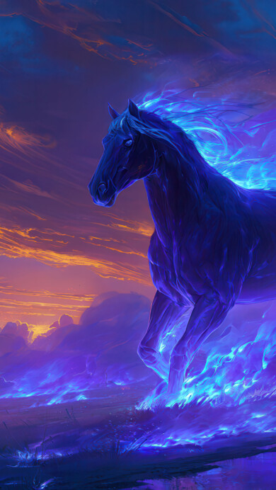 A breathtaking 4K wallpaper of an ethereal blue horse galloping across a dark field under a dramatic sunset sky. Its form is surrounded and defined by swirling, luminous blue and purple energy that glows brilliantly against the fading orange and twilight hues of the landscape.