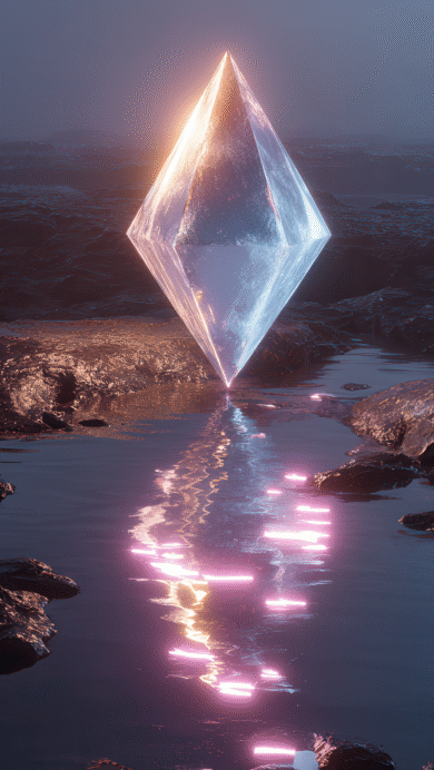 An enchanting 4K wallpaper featuring a towering, glowing crystal centered in a dark, rugged landscape with shallow water. Its brilliant warm and cool light strikingly reflects in the water, casting vibrant pink and purple streaks across the dark surface.