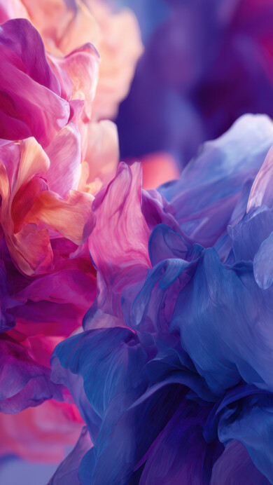 An exquisite 4K wallpaper showcases vibrant, undulating abstract forms of delicate, flowing fabric against a soft, diffused background. The translucent material catches light, revealing a rich gradient from fuchsia and amber to deep indigo and violet, creating an ethereal, weightless dance of color.
