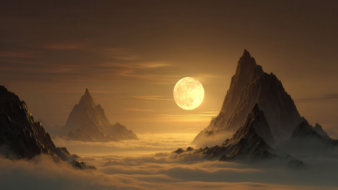 An ethereal 4K wallpaper showcasing a large, golden full moon presiding over a dramatic landscape of sharp mountain peaks emerging from a dense sea of golden mist. The brilliant moon casts a warm, ethereal glow that illuminates the sprawling golden mist below and creates stark, radiant highlights on the rugged, dark mountain ridges, evoking a sense of majestic serenity.