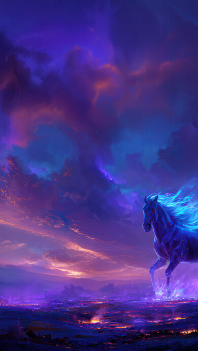 A stunning 4K wallpaper featuring an ethereal horse galloping across a mystical, dark field under a dramatic sky. Its body radiates brilliant blue and purple energy, leaving a luminous trail that mirrors the vibrant, glowing patches on the ground below.