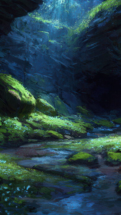 An ethereal 4K wallpaper capturing a hidden forest grotto with steep, moss-covered rocky walls and a winding stream. Patches of luminous blue flora and vibrant green moss glow softly along the stream and rocks, highlighted by a single dramatic shaft of light cutting through the upper darkness.