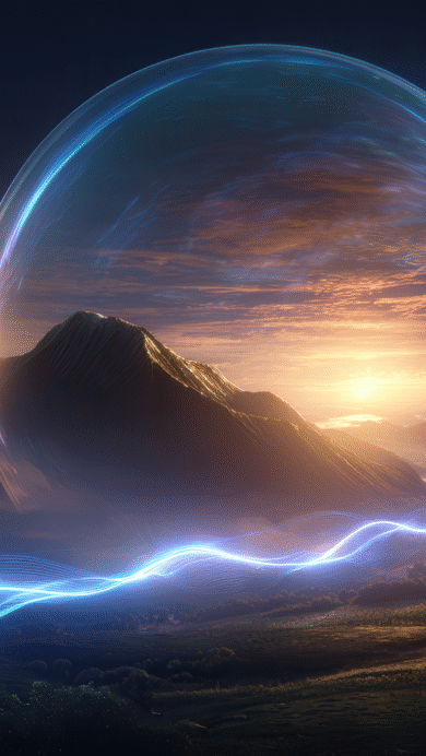 A captivating 4K wallpaper of an ethereal glowing blue orb encompassing a mountain peak, with a vibrant blue energy stream flowing across a vast mountainous landscape under a warm sunset sky. The striking contrast between the luminous blue energy and the golden hues of the sky creates a mystical, high-tech ambiance over the serene natural environment.