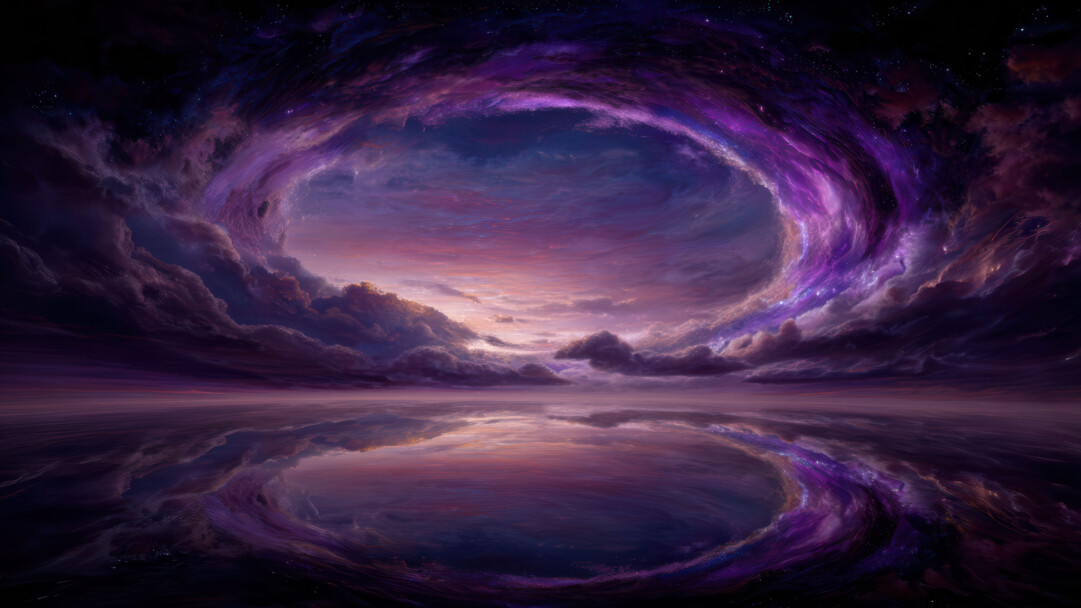 A breathtaking 4K wallpaper featuring a swirling purple cosmic vortex in a dark, cloud-filled sky reflected perfectly in calm water below. The vibrant purple and magenta light of the ethereal formation creates a stunning contrast with the dark surroundings and its mirror image on the water's surface.