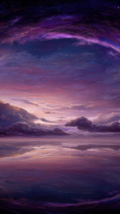 A breathtaking 4K wallpaper featuring a swirling purple cosmic vortex in a dark, cloud-filled sky reflected perfectly in calm water below. The vibrant purple and magenta light of the ethereal formation creates a stunning contrast with the dark surroundings and its mirror image on the water's surface.