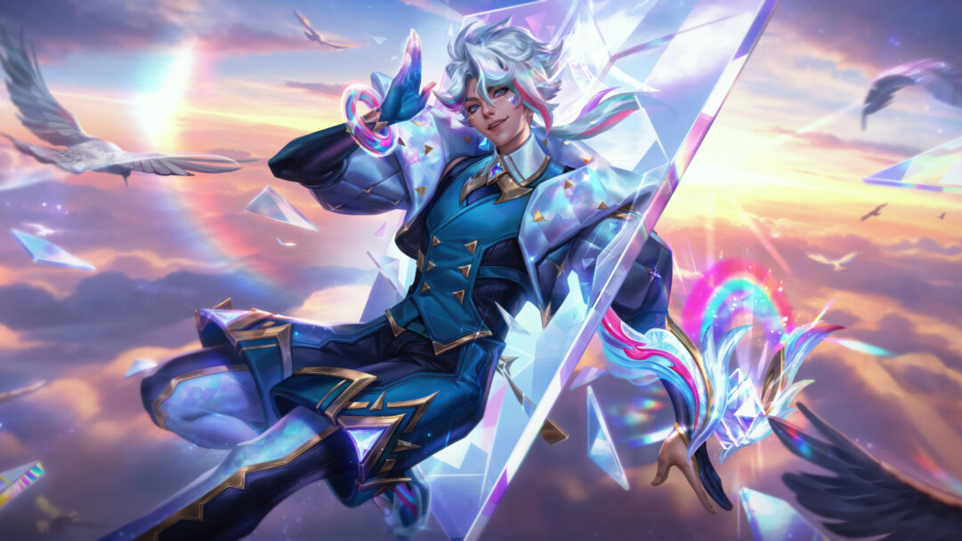 A vibrant 4K wallpaper showcasing Ezreal in his Prestige Weather Entity skin, dynamically posed amidst a vibrant, cloudy sky with soaring crystalline birds. The shattered crystal effects, iridescent suit, and shimmering rainbow refractions create an ethereal, high-fantasy mood.