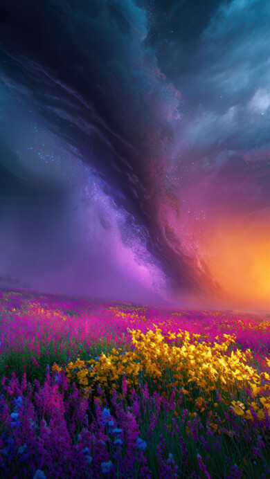 A captivating 4K wallpaper presents a fantastical meadow bursting with vibrant blue, yellow, and magenta flowers, extending towards a dark forested horizon. Above, a dramatic sky forms a spectacular gradient, transitioning from a starry, deep blue nebula on the left to a blazing orange sunset on the right, with a swirling purple cosmic band illuminating the central scene.