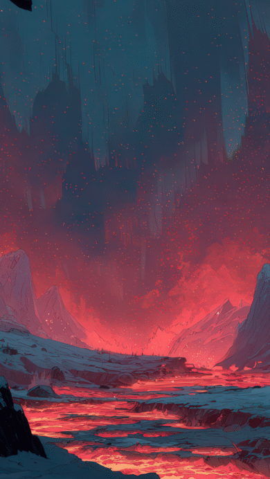A breathtaking 4K wallpaper depicts a fantasy snow-covered valley nestled between towering cliffs, with a river of glowing red flowing through it. The stark contrast between the cold, blue snowscape and the fiery red river and glowing, star-dusted sky creates an intense and otherworldly atmosphere.