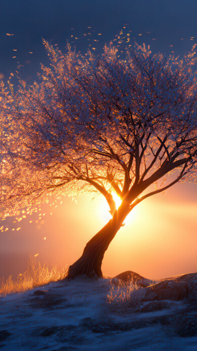 An enchanting 4K wallpaper depicting a solitary, snow-dusted tree standing on a rocky hill as a vibrant sunset glows behind it. Golden light bursts from behind the tree, illuminating a stream of golden particles blowing away from its branches into the dark blue sky.