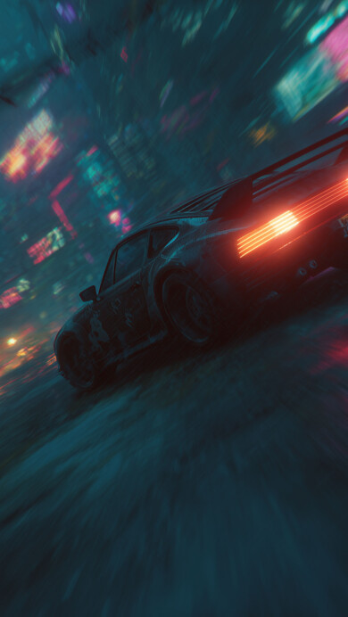 A vibrant 4K wallpaper showcasing a classic-style car with glowing red taillights speeding through a neon-lit futuristic city. The intense motion blur and streaks of cyberpunk colors convey a sense of breakneck speed and a dynamic urban journey.