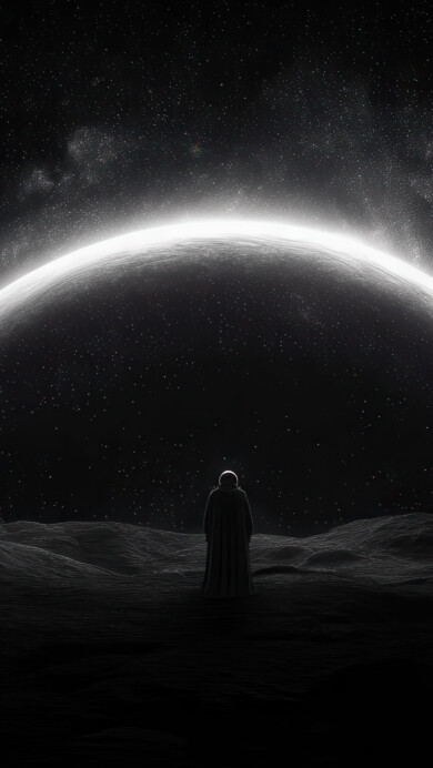 An epic 4K wallpaper capturing a robed figure standing on a dark, rugged planet surface. The figure gazes upon a massive, luminous arc dominating the star-filled black sky, creating a stark contrast that evokes a sense of immense scale and cosmic solitude.