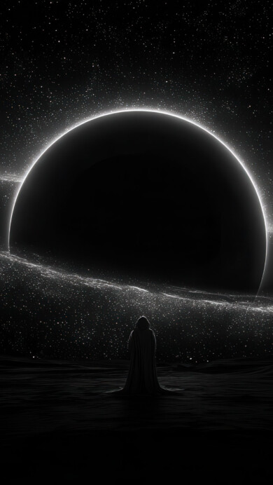 Figure stands facing a cosmic ringed planet