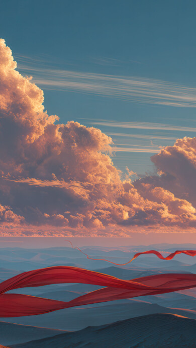 A vibrant 4K wallpaper showcasing a large red ribbon flowing above a vast landscape of gentle sandy waves. Dramatic sunset light casts warm orange hues on the clouds and dunes, contrasting beautifully with the cool blues and the dynamic red form.