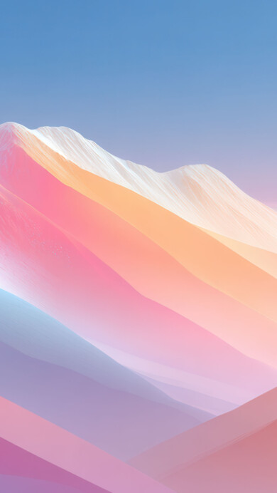 A magical 4K wallpaper of an abstract mountain landscape featuring undulating peaks and soft slopes beneath a gradient sky. The dominant pastel hues of blue, pink, orange, and white flow across the forms, creating a serene, dreamlike ambiance.