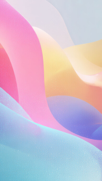 A mesmerizing 4K wallpaper features a dynamic composition of soft, fluid abstract shapes in a flowing pastel gradient. Delicate shimmering textures and translucent overlays create a vibrant yet serene interplay of light and color, evoking a sense of ethereal calm.