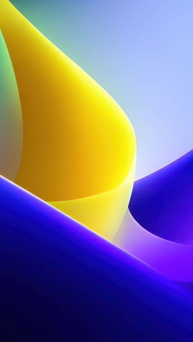 A mesmerizing 4K wallpaper featuring fluid, undulating abstract forms in vibrant shades of blue, purple, and yellow. The smooth, glowing transitions between the rich blues and deep purples, contrasted with a prominent luminous yellow curve, create an ethereal and dynamic visual flow.