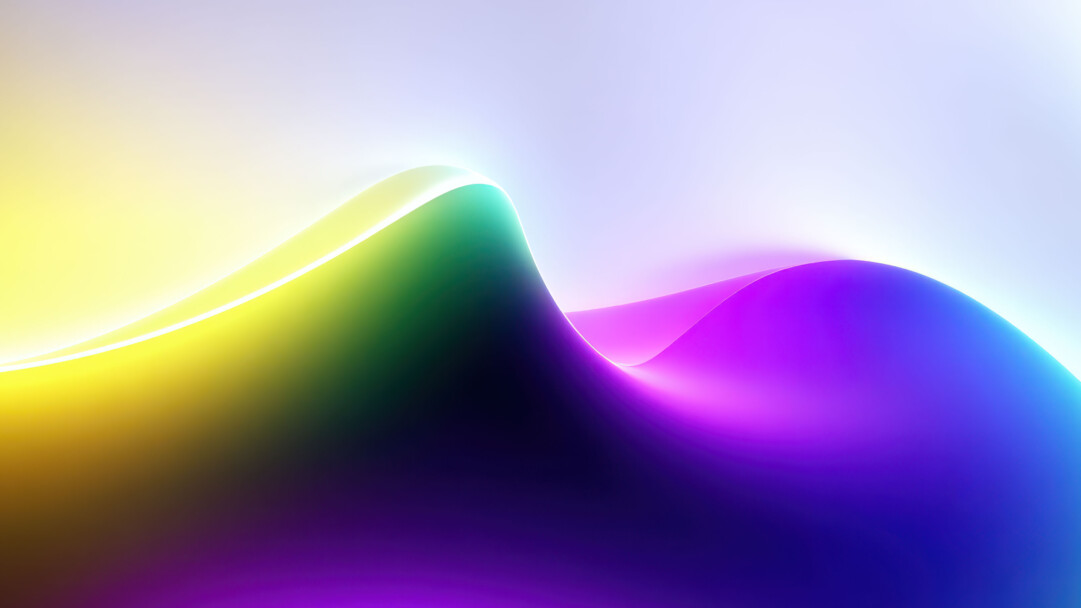A vibrant 4K wallpaper showcasing smooth, undulating abstract forms that curve across the frame against a soft, light background. Luminescent edges define the flowing contours, with colors transitioning seamlessly from bright yellow and green on the left to deep purple and blue on the right, creating a sense of dynamic, ethereal movement.