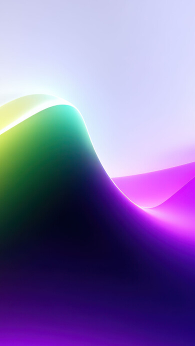 A vibrant 4K wallpaper showcasing smooth, undulating abstract forms that curve across the frame against a soft, light background. Luminescent edges define the flowing contours, with colors transitioning seamlessly from bright yellow and green on the left to deep purple and blue on the right, creating a sense of dynamic, ethereal movement.