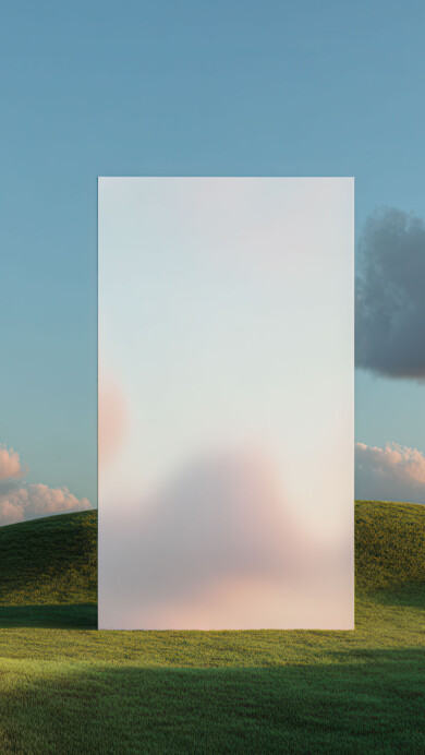 An ethereal 4K wallpaper presents a tall, frosted translucent panel centered within a dreamy, undulating green landscape under a soft blue sky. The panel subtly diffuses the background, blurring the distant peachy clouds and sunlit hilltops, which imbues the scene with a tranquil, contemplative mood.