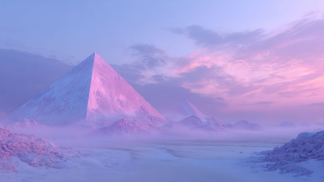 An otherworldly 4K wallpaper featuring majestic pyramid-shaped mountains rising from a vast, frozen desert at twilight. The sky transitions from soft lavender to vivid rose, casting an ethereal pink and blue glow across the icy, textured terrain, creating a serene and mystical atmosphere.