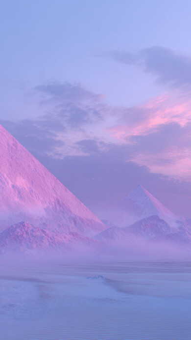 An otherworldly 4K wallpaper featuring majestic pyramid-shaped mountains rising from a vast, frozen desert at twilight. The sky transitions from soft lavender to vivid rose, casting an ethereal pink and blue glow across the icy, textured terrain, creating a serene and mystical atmosphere.