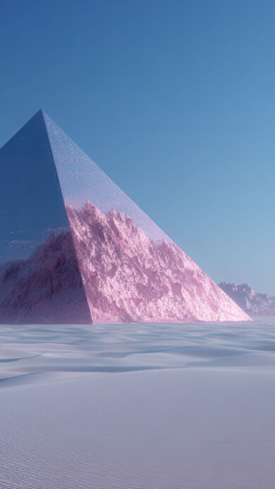 A futuristic 4K wallpaper featuring a massive, crystalline pyramid standing in a vast, rippling desert of soft pink and purple hues under a clear blue sky. Its translucent surfaces reveal jagged pink mountains within, creating an otherworldly contrast against the tranquil, rippled sand dunes stretching to distant lavender peaks.