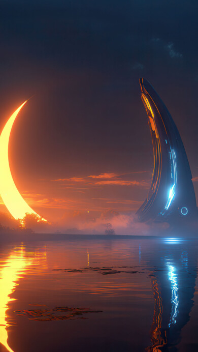 A mystical 4K wallpaper depicts a vast, tranquil lake reflecting a colossal glowing golden crescent and a sleek, tall futuristic tower at twilight. The radiant orange and blue lights from the structures cast shimmering, elongated reflections on the water's surface, creating a breathtaking and ethereal contrast against the dusky, mist-shrouded landscape.