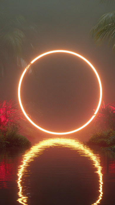 A vibrant 4K wallpaper showcasing a large glowing orange ring hovering within a misty, dark jungle landscape reflected in calm water. The intense glow of the ring and the surrounding red-lit plants creates a striking contrast and ethereal mood reflected beautifully on the water's surface.