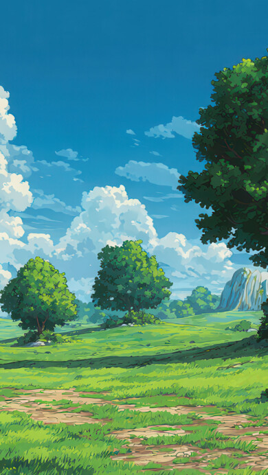 A vibrant 4K wallpaper showcasing a sprawling, sun-drenched green landscape with a winding dirt path, scattered large trees, and distant light-colored mountains under a brilliant blue sky. The image's serene mood is defined by the rich, varied greens of the sunlit grass and tree foliage, beautifully contrasting with the deep blue sky filled with majestic, fluffy white clouds.
