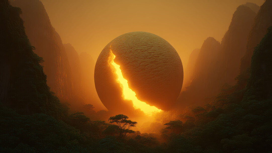 A mystical 4K wallpaper showcasing a colossal, textured sphere splitting open in the center of a misty, mountainous valley, revealing an incandescent golden core. This radiant light permeates the dense, warm mist, illuminating the surrounding dark, verdant foliage and creating an ethereal, dramatic glow.