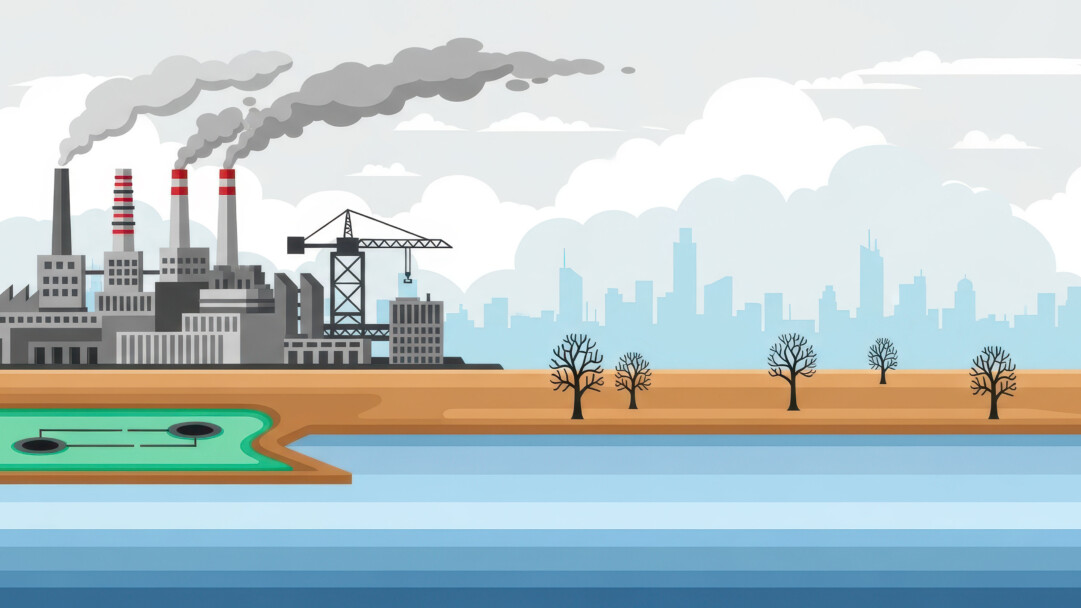 A striking 4K wallpaper illustrates an industrial complex with smoking chimneys, a distant city silhouette, and a calm body of water. Thick gray smoke billows into the light sky from the numerous chimneys, creating a somber scene of environmental burden above barren land.