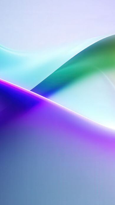 A dynamic 4K wallpaper showcasing a smooth, glossy abstract wave flowing across a vibrant gradient background. The illuminated edge of the undulating shape transitions through brilliant shades of purple, blue, green, and yellow, creating a luminous and fluid effect.